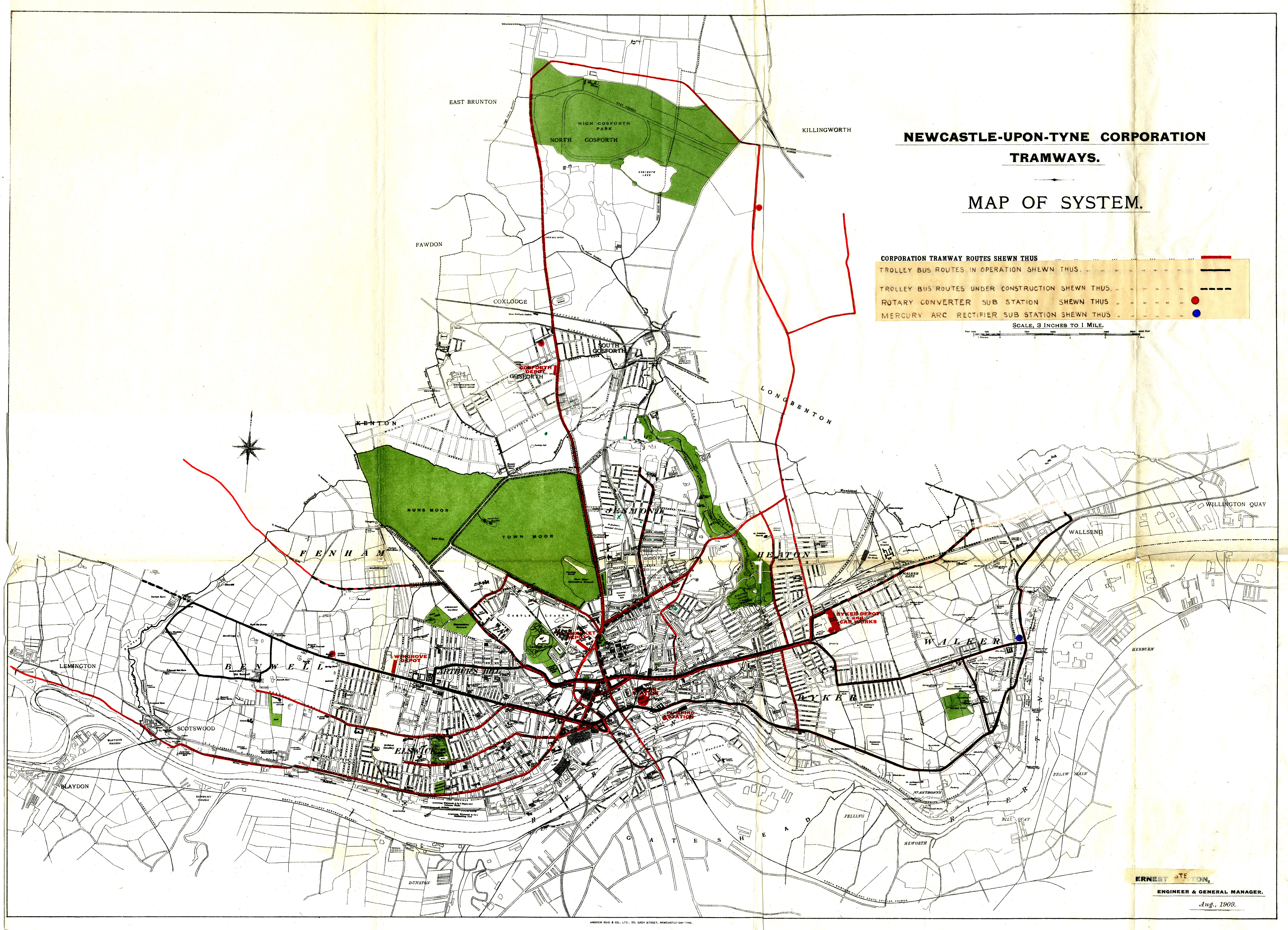 1909 Newcastle Tramways Map