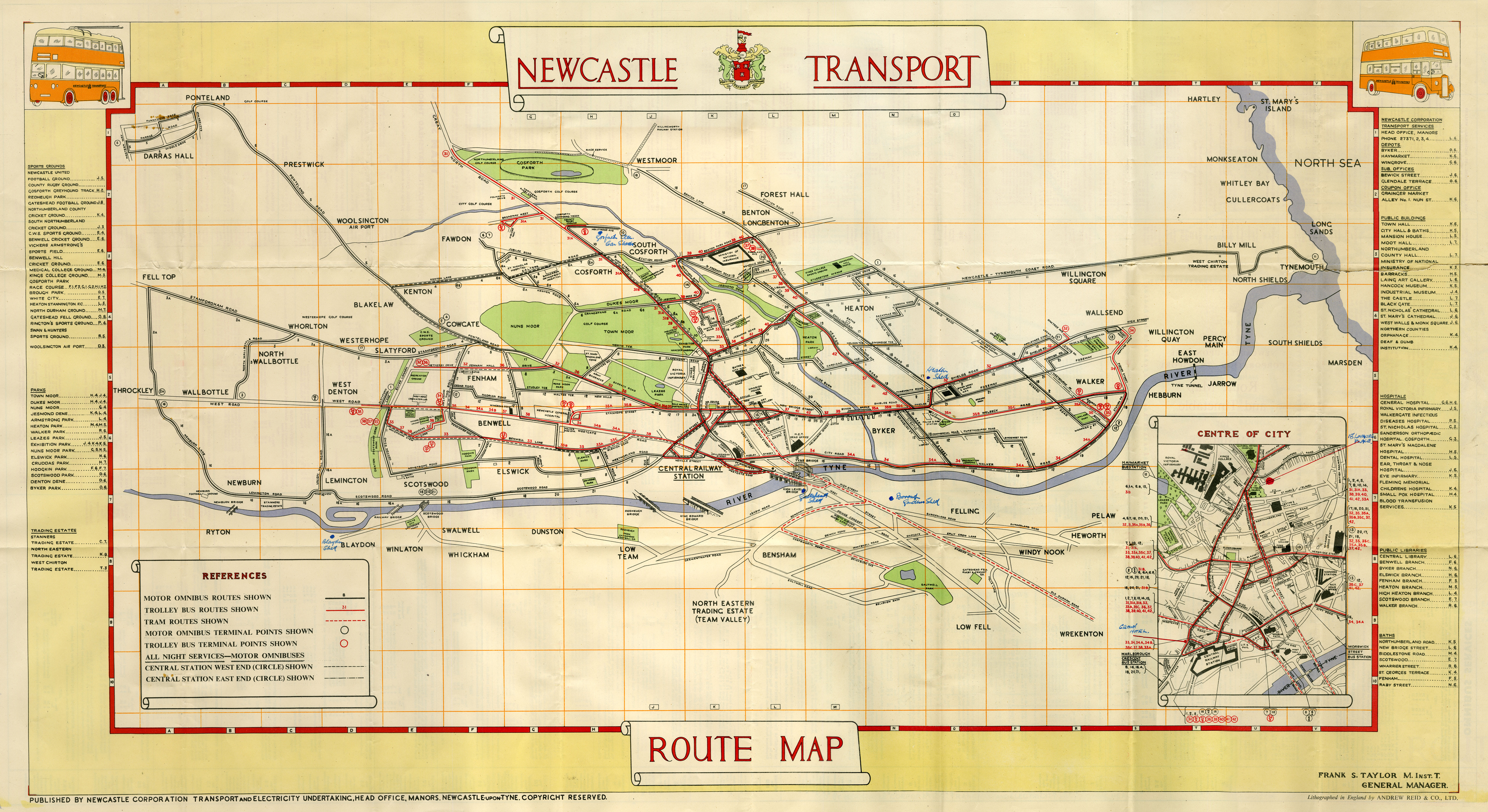 Newcastle-upon-Tyne Corporation transport Route Map & Timetable for Omnibuses, Trolley-buses and Trams. September 1949.